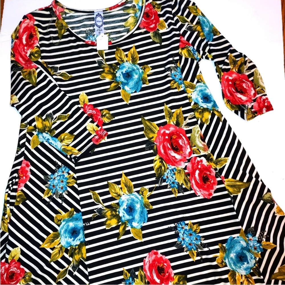 Black & White Striped Floral Tunic with Red and Blue Roses